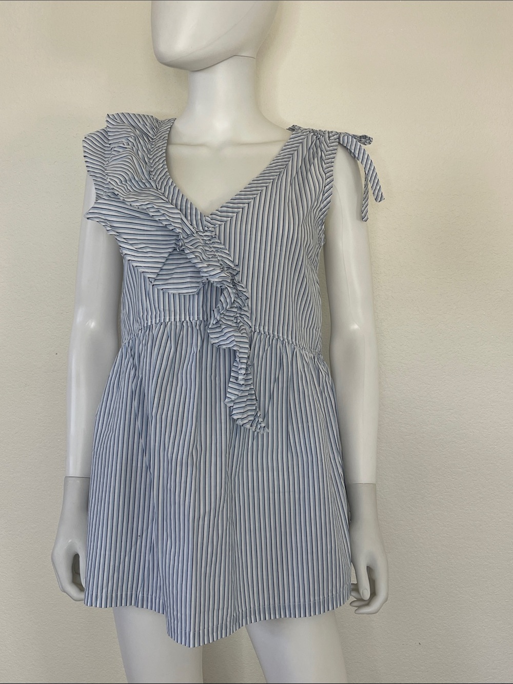 Light Blue & White Striped Ruffle Tie-Shoulder top